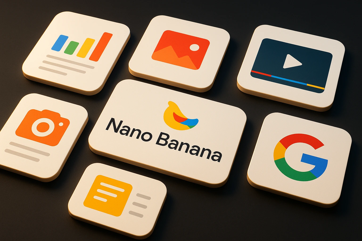 Flat icons on tiles representing a graph, photo, video, camera, document and a central Nano Banana logo, evoking digital media and content formats.