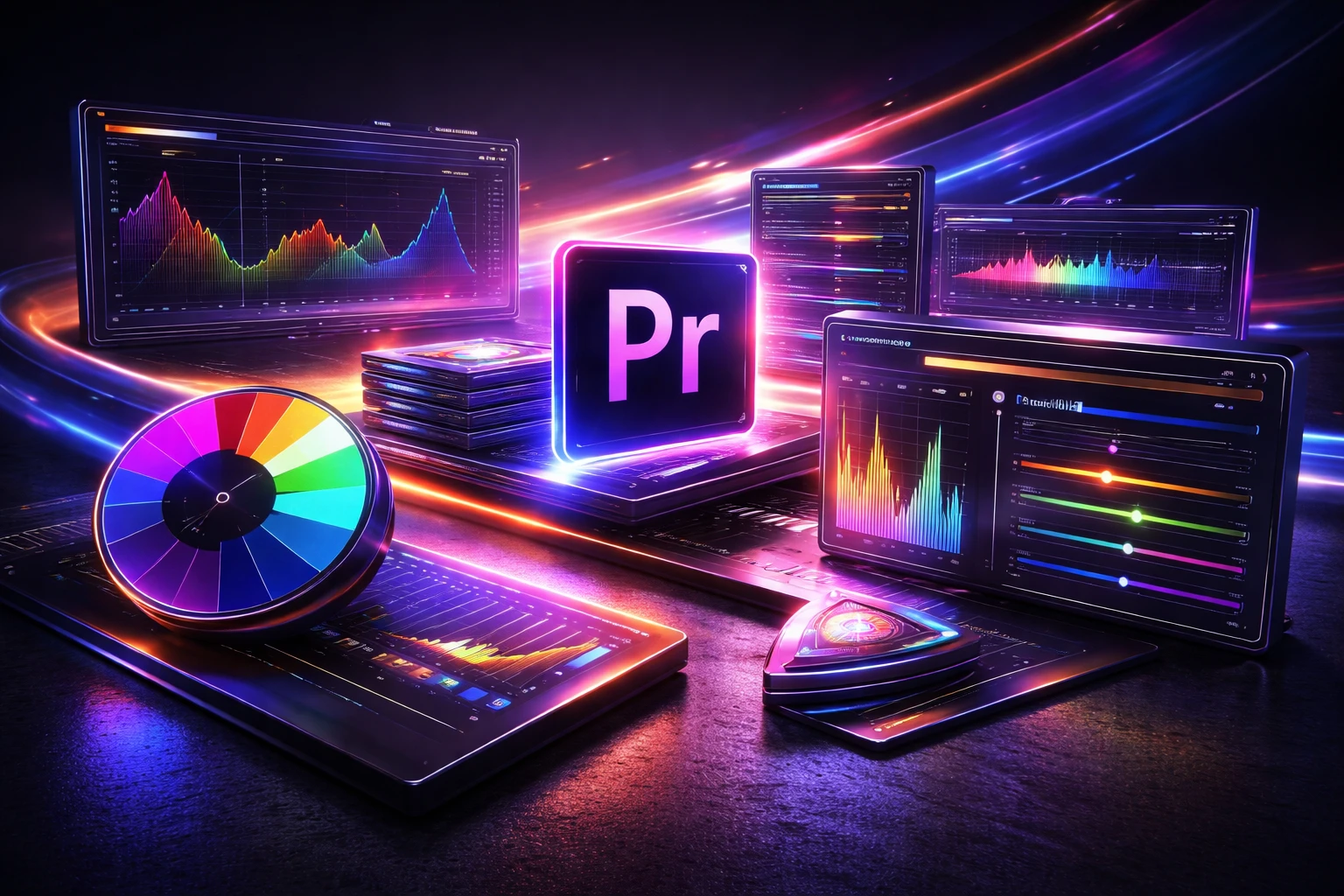 Vibrant digital illustration of multiple screens and colour-grading tools with colourful waveform and histogram graphs surrounding a glowing Adobe Premiere Pro logo, evoking video editing and media production.