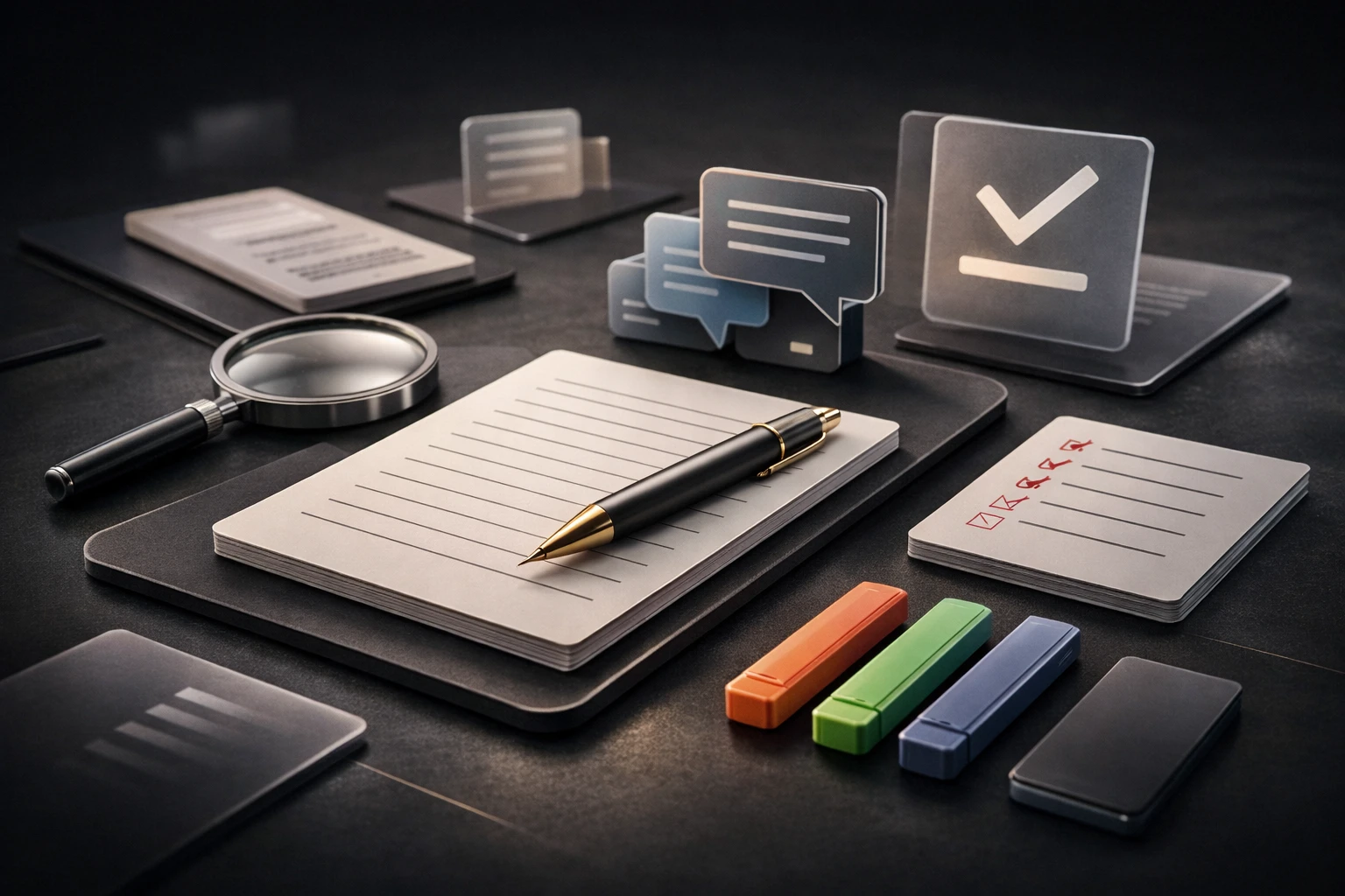 Desk scene with notepad, pen, magnifying glass, colourful bar markers and floating icons representing messages and checklists on dark surface, suggesting organisation and planning.