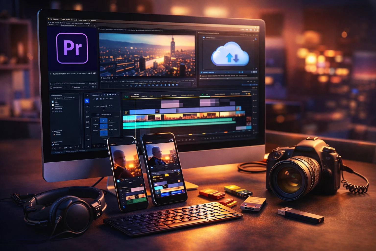 Photorealistic studio scene showing a smartphone and laptop editing social media video in Adobe Premiere Pro Mobile with timelines, audio and colour tools visible