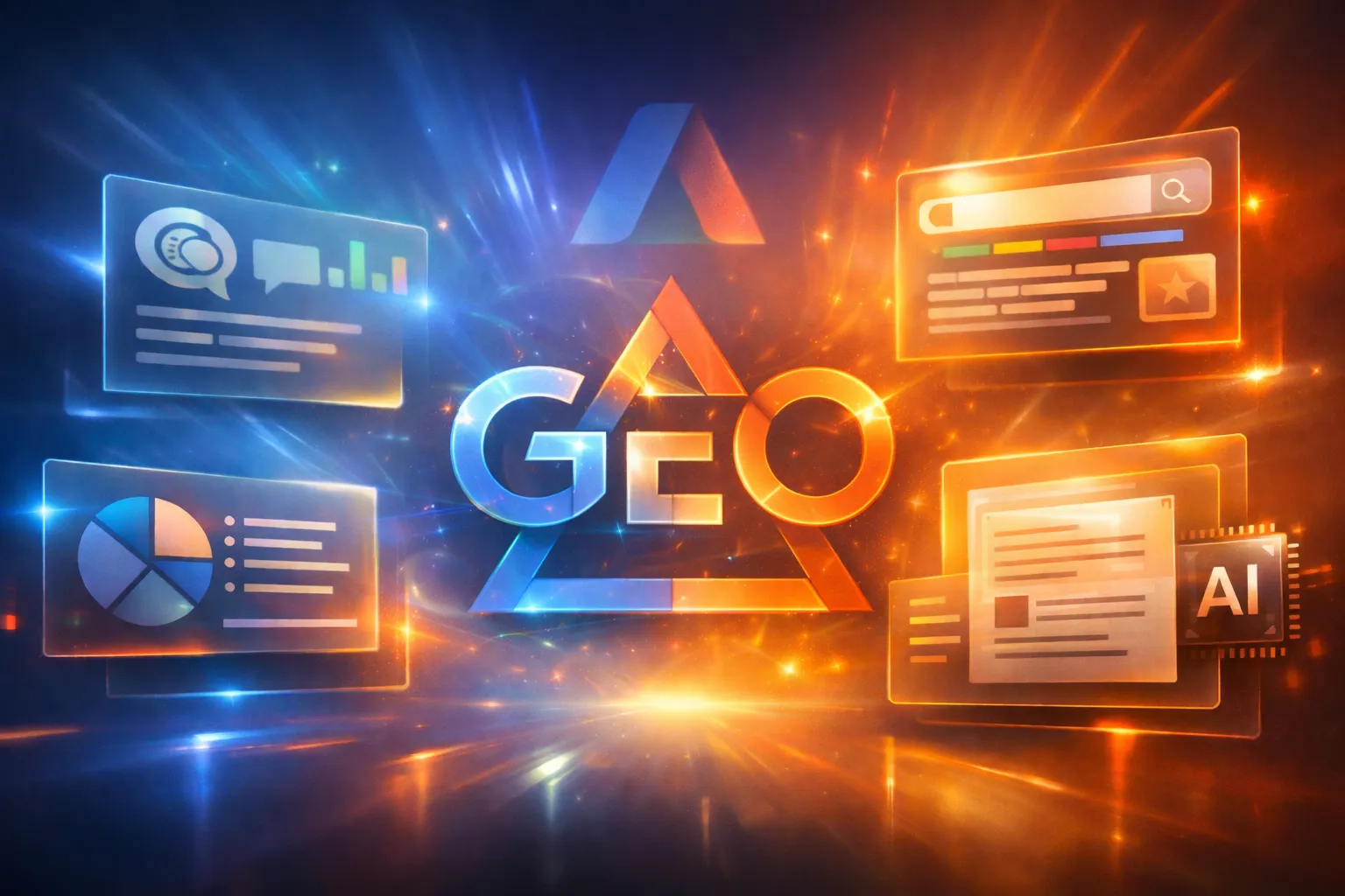 Abstract cinematic illustration of AI search panels and data streams forming the letters GEO, representing Generative Engine Optimisation in ChatGPT and AI-driven discovery system