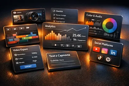 Digital Video training visual showing video editing UI cards with timeline, captions, analytics and export settings on a dark studio surface