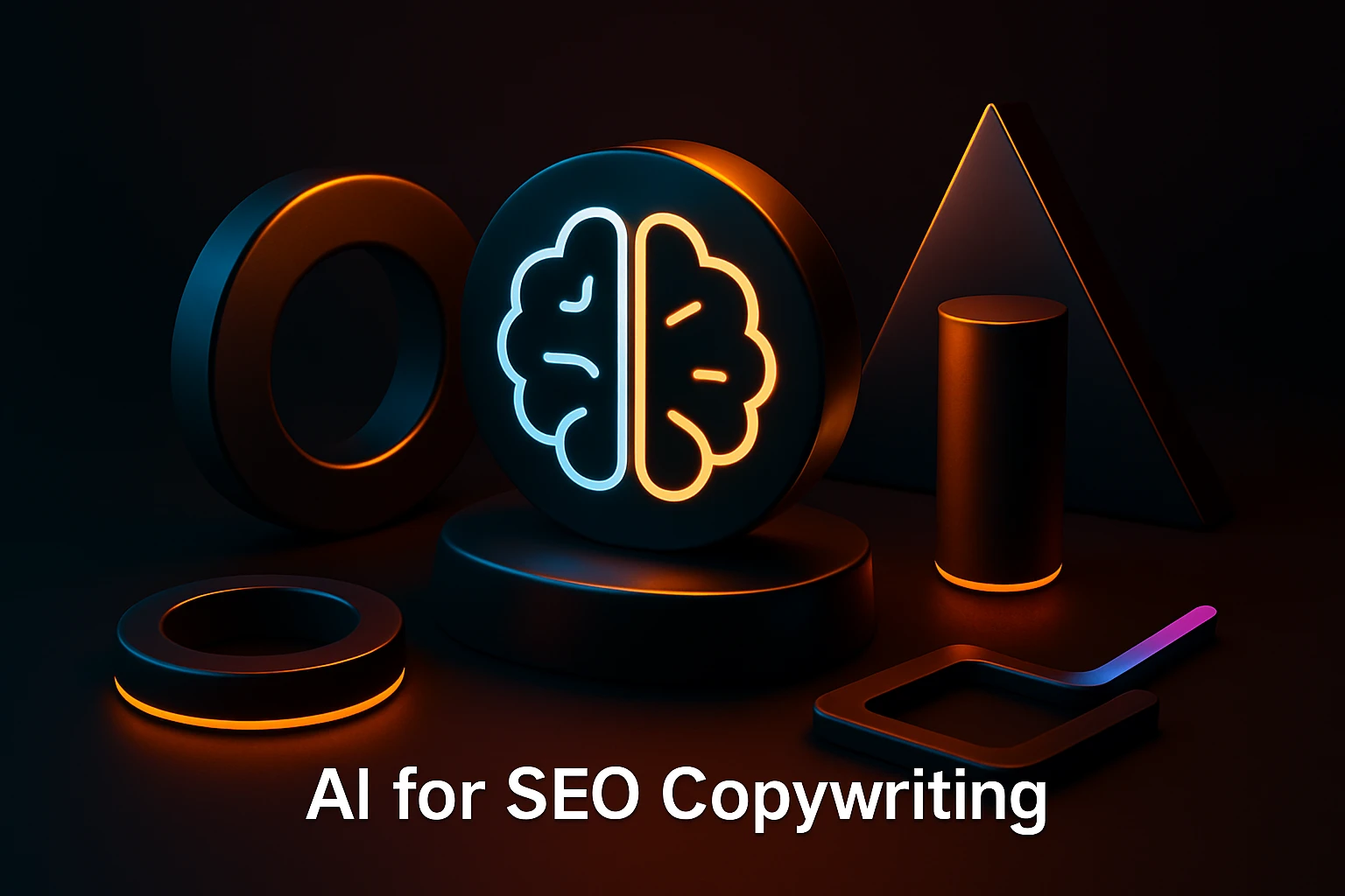 3D stylised illustration of a glowing brain icon on a dark pedestal with geometric shapes in the background, conveying artificial intelligence and content optimisation.