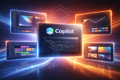 Copilot training visual showing links between Microsoft Copilot with Adobe Creative Cloud design panels and workflow dashboards in floating interface layout