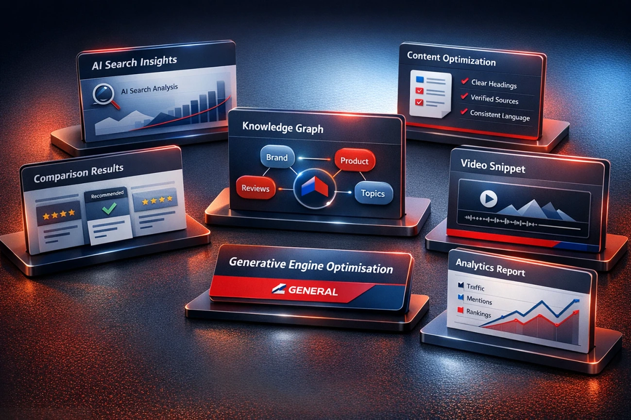 Generative Engine Optimisation interface showing UI cards with analytics charts, content structure blocks and AI search results on a dark surface